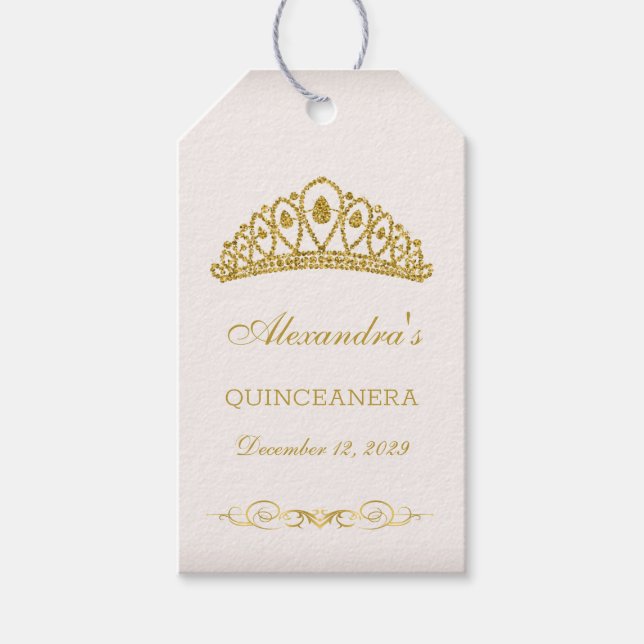 Étiquettes-cadeau Parties scintillant d'or Tiara Quinceanera (Devant)