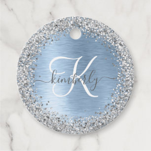 Étiquettes Cadeau Parties scintillant en argent brossé bleu Nom du m
