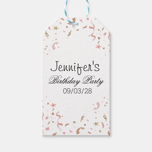 Étiquettes-cadeau Parties scintillant en or rose et Rose Confetti (Devant)