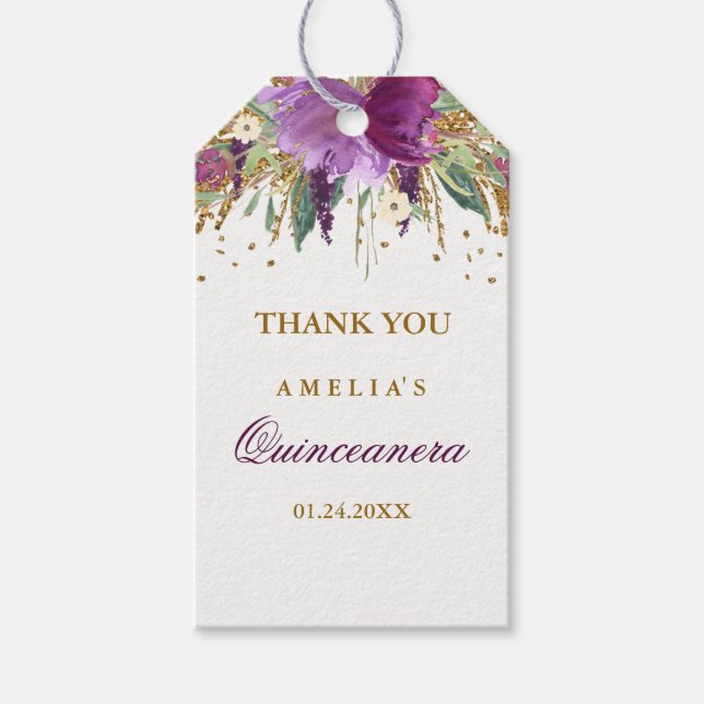 Étiquettes-cadeau Parties scintillant florale Étincelle Amethyst Qui (Devant)