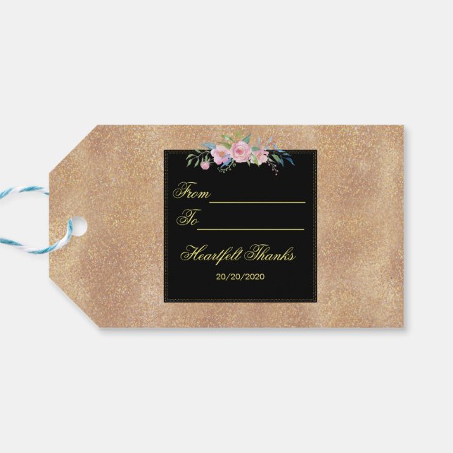 Étiquettes-cadeau Parties scintillant or Rose Blush Mariage Floral (Dos Horizontal)