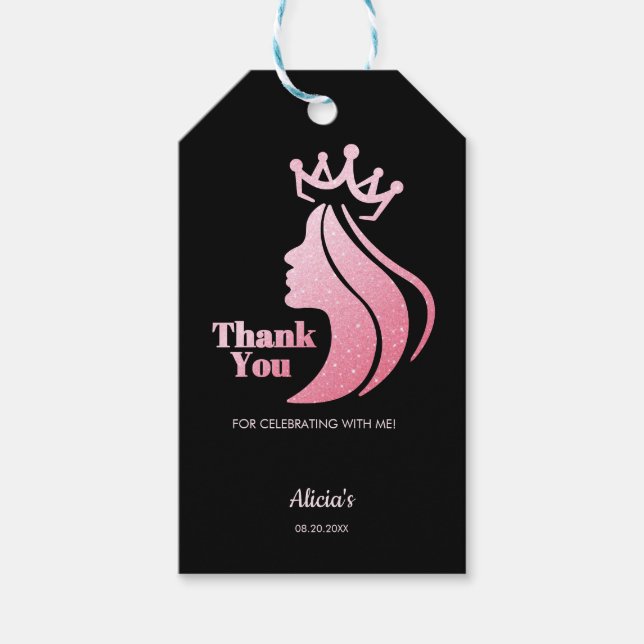 Étiquettes-cadeau Parties scintillant rose Reine Noir Anniversaire M (Devant)
