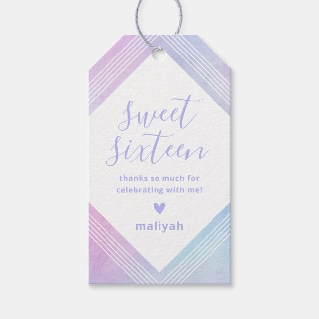 Étiquettes-cadeau Pastel Aquarelle Sweet sixteen Merci violet (Devant)