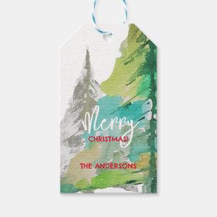Étiquettes-cadeau Pastel Green Modern Christmas Tree Aquarelle Art