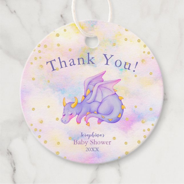Étiquettes Cadeau Pastel Purple Girls Dragon Baby shower Merci (Devant)