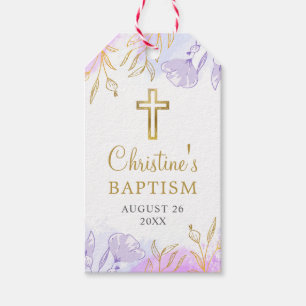 Étiquettes-cadeau Pastel Purple Or Floral Baptême Merci