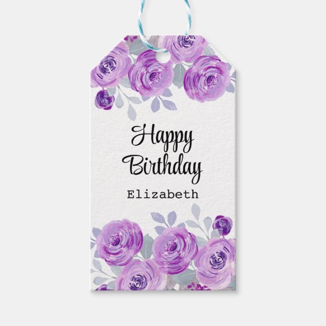 Étiquettes-cadeau Pastel Purple Rose Floral Verdure Joyeux Anniversa (Devant)