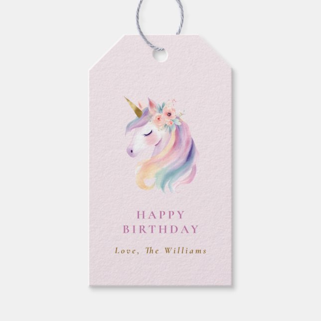 Étiquettes-cadeau Pastel Rainbow Floral Unicorn Birthday Present (Devant)