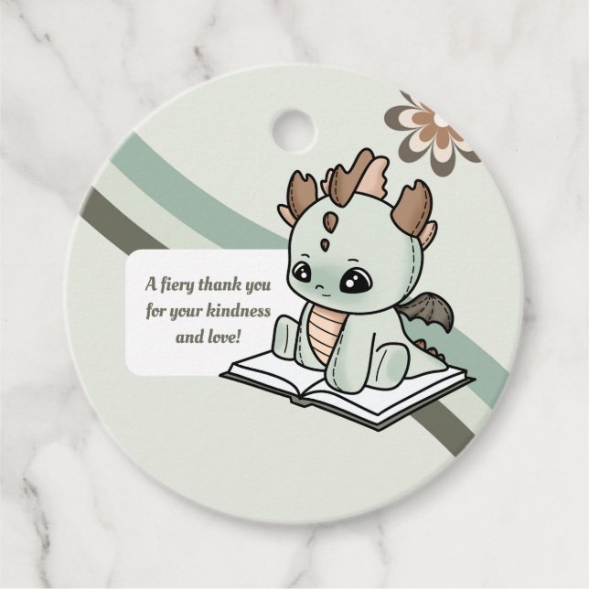 Étiquettes Cadeau Pastel Retro Green Brown Baby Dragon Merci (Devant)