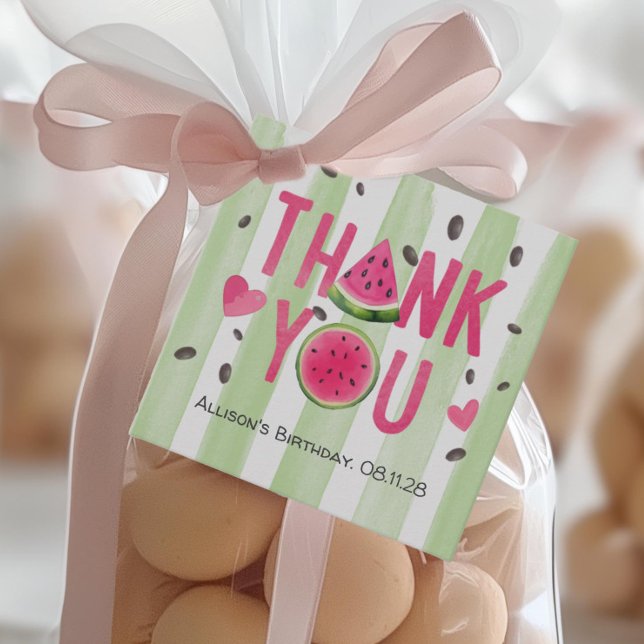 Étiquettes Cadeau Pastèque rose, mignon Merci d'été (Pink watercolor cute watermelon, girl summer birthday thank you favor tags.)