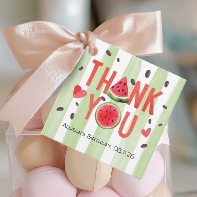 Étiquettes Cadeau Pastèque rouge Thème été Anniversaire Merci (Red watercolor cute watermelon, girl summer birthday thank you favor tags.)