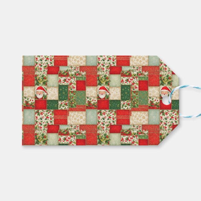 Étiquettes-cadeau Patchwork de Noël en rouge et vert (Devant (Horizontal))