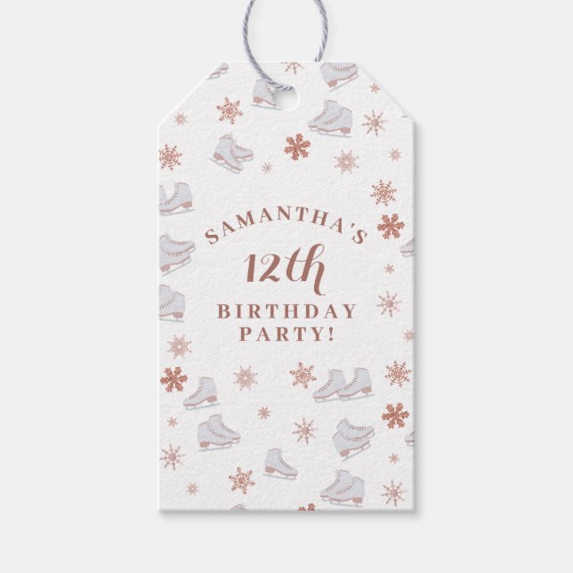 Étiquettes-cadeau Patins à glace en or rose Fête d'anniversaire rose (Devant)