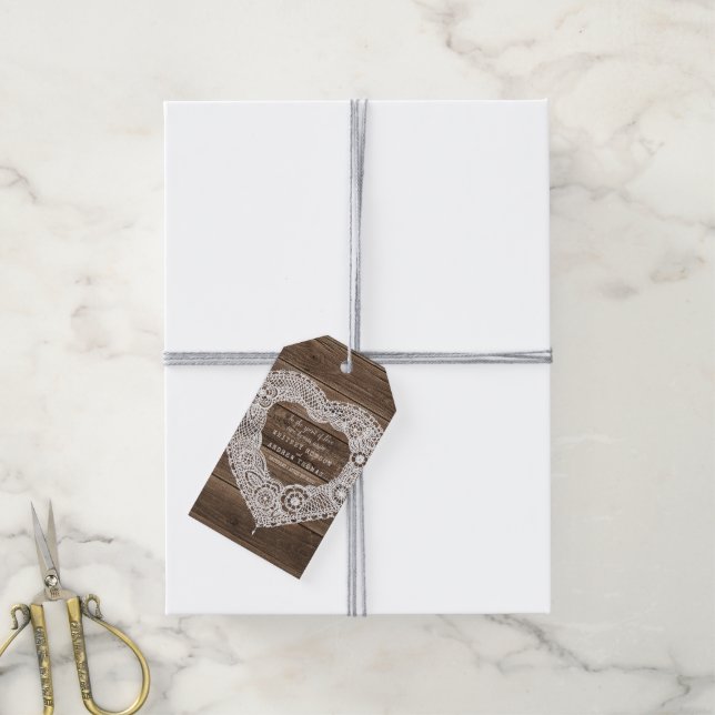 Étiquettes-cadeau pays mariage bois rustique dentelle coeur brun bla (Avec de la ficelle)