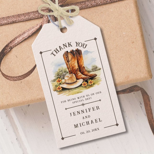 Étiquettes-cadeau Pays Occidental Rustique Cowboy Bottes Mariage Fav (Créateur téléchargé)