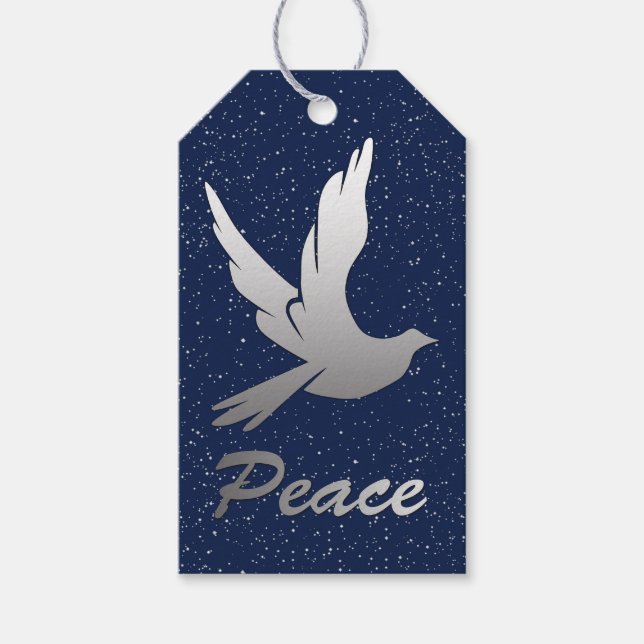 Étiquettes-cadeau Peace Dove en gris argenté contre un ciel étoilé (Devant)