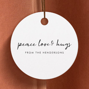 Étiquettes Cadeau Peace Love and Hugs Minimal Simple White Christmas
