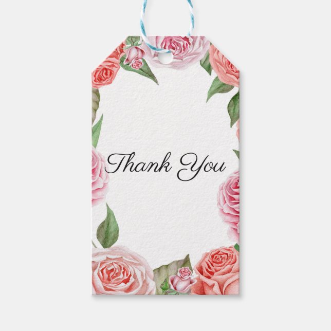 Étiquettes-cadeau Peach Coral Rose Roses Verdure Feuille Mariage (Devant)
