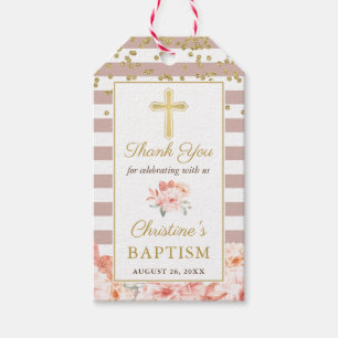 Étiquettes-cadeau Peach Floral Gold Cross Girl Baptism