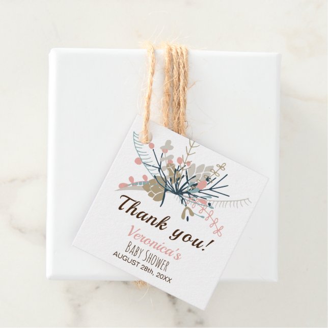 Étiquettes Cadeau Peach Pastel Baby shower botanique Merci (En situation)