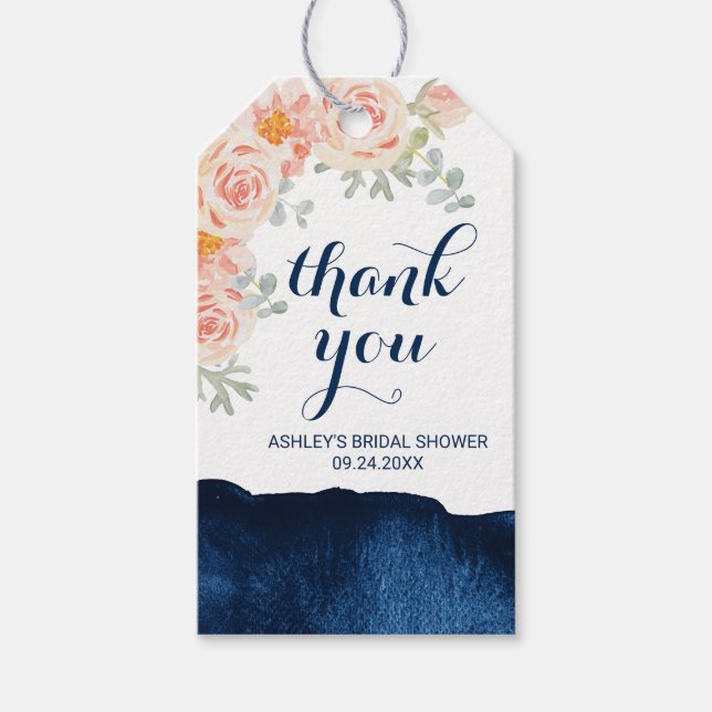 Étiquettes-cadeau Peach rose et Merci d'aquarelle marine (Devant)