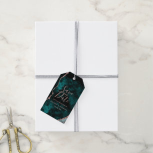 Étiquettes-cadeau Peacock Green Rose Gold Agate Marbre Enregistrer l