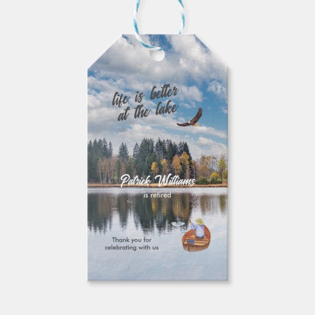 Étiquettes-cadeau Pêche à la retraite à l'aquarelle du lac (Devant)