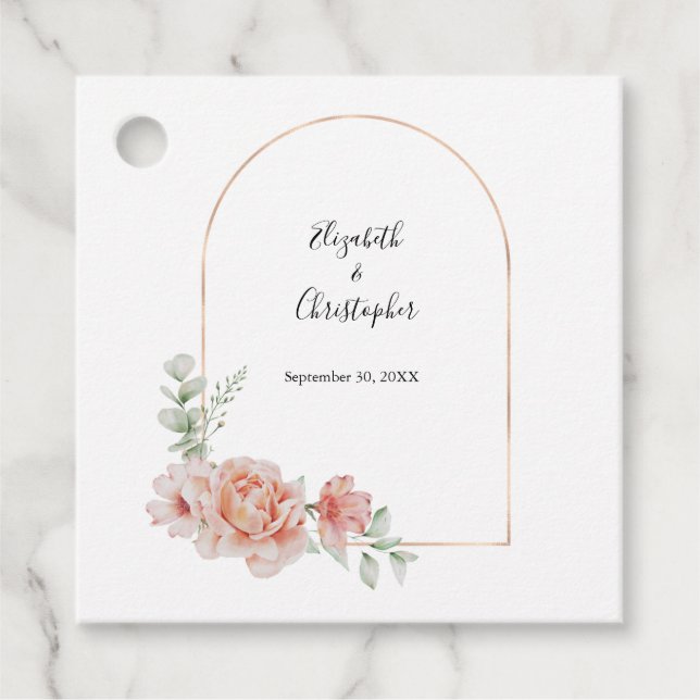 Étiquettes Cadeau Pêche Floral tendance Arc verdure Mariage moderne (Devant)