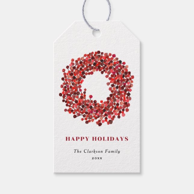 Étiquettes-cadeau Peint à la main Winterberry rouge Wreath Joyeuses  (Devant)