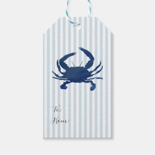Étiquettes-cadeau Peinture de crabe Bleu Nautique Bleu Bleu Stripe C