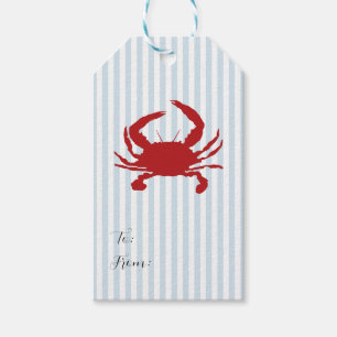 Étiquettes-cadeau Peinture de crabe rouge Nautique Bleu Bleu Bande C