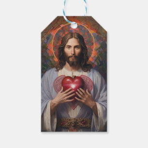 Étiquettes-cadeau Peinture sacrée d'huile de coeur de Jésus