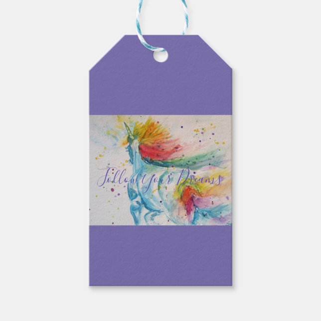 Étiquettes-cadeau Peinture Unicorne Suivez vos rêves Aquarelle (Devant)