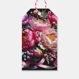 Étiquettes-cadeau Peonées luxuriantes avec un ruban rose, par Natash