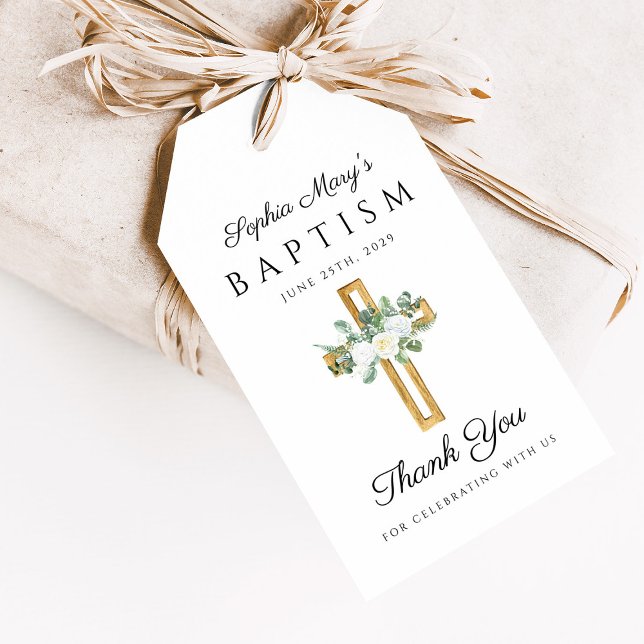 Étiquettes-cadeau Peonies florales croisées religieuses Baptême Merc (Religious Cross Floral Peonies Baptism Thank You Gift Tags)
