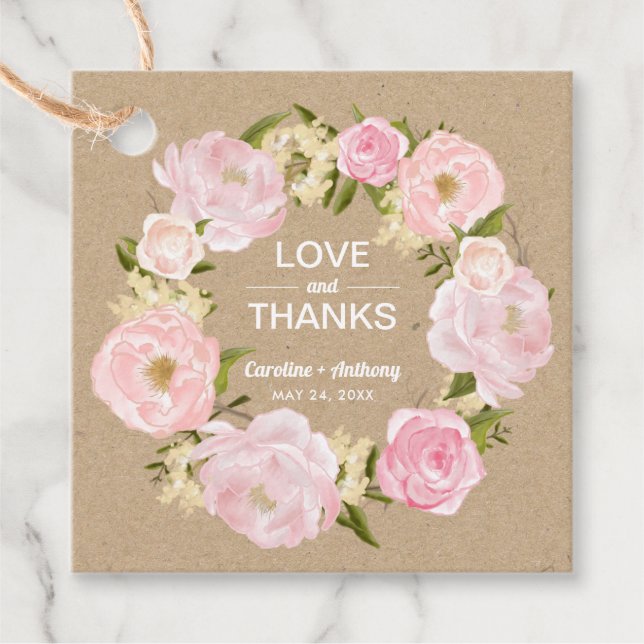 Étiquettes Cadeau Peonies roses rousses Merci Mariage papier Kraft (Devant)