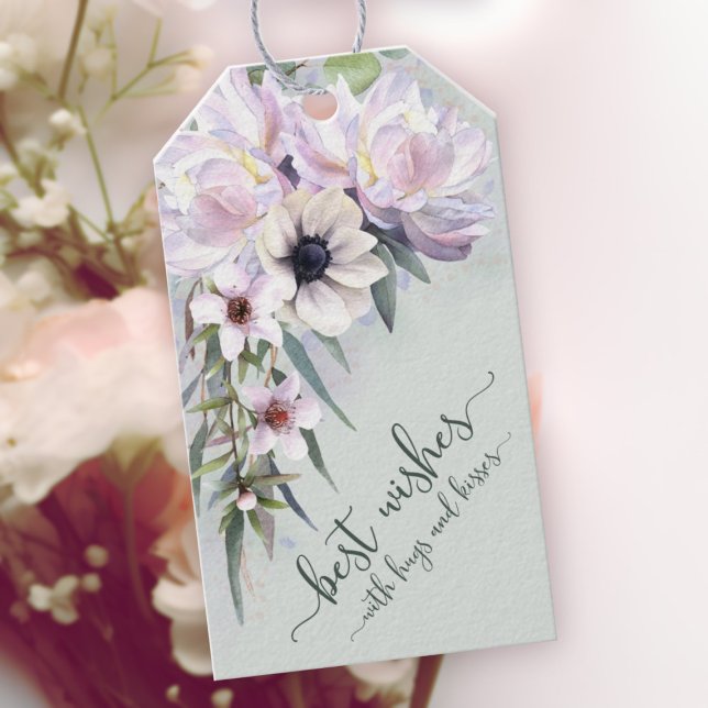 Étiquettes-cadeau Peony Garden Meilleurs souhaits avec des câlins et (Peony Garden Best Wishes with Hugs and Kisses Sage Green Gift Tags)