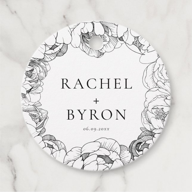 Étiquettes Cadeau Peonys noir et blanc élégant mariage (Devant)