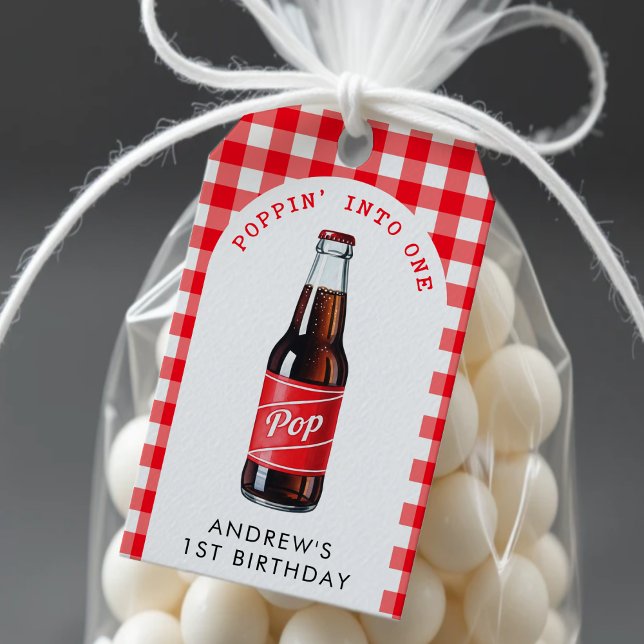 Étiquettes-cadeau Pépingler dans un soda Plaid Rouge 1er anniversair (Poppin Into One Soda Plaid Red 1st Birthday Party Gift Tags
)