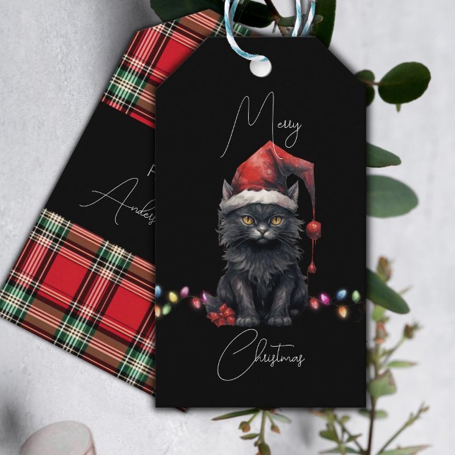 Étiquettes-cadeau Père Noël Chat Kitten Noël Rouge et plat (Créateur téléchargé)