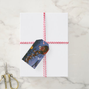 Étiquettes-cadeau Père Noël de Noël vintage pilotant son traîneau