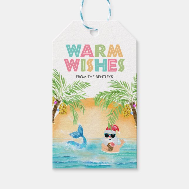 Étiquettes-cadeau Père Noël Mermaid Tropical Beach Palms Christmas (Devant)