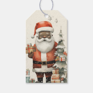 Étiquettes-cadeau Père Noël noire majestueuse avec cadeaux, arbre