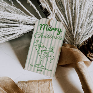Étiquettes-cadeau Père Noël rayures vertes dessinées Rétro Noël