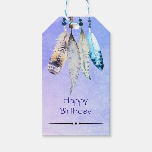 Étiquettes-cadeau Perles d'aquarelle 'n Plumes heureux anniversaire (Devant)