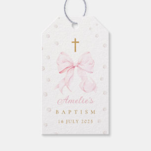Étiquettes-cadeau Perles de Bow rose fille Baptême
