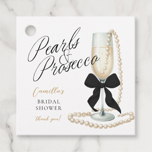 Étiquettes Cadeau Perles & Prosecco Nœud Noir Enterrement de Vie de  (Devant)