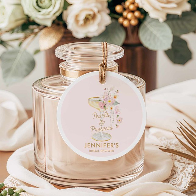 Étiquettes Cadeau Perles roses et Fête des mariées rose Prosecco (Pink Pearl and Prosecco Bridal Shower Favor Tag)