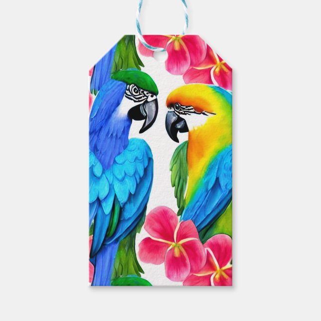 Étiquettes-cadeau Perroquets colorés aux fleurs tropicales (Devant)