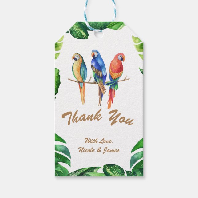Étiquettes-cadeau Perroquets tropicaux Oiseaux et Feuilles Fête d'an (Devant)
